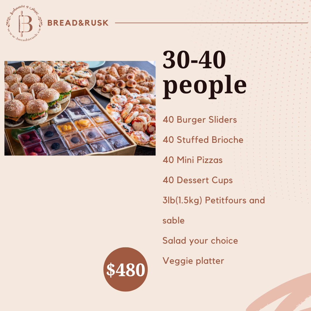 An image showcasing a variety of prepared food items including 30-40 mini pizzas, 40 burger sliders, 40 stuffed brioche, 40 dessert cups, and 31.5L pettifoures. catering , office catering 