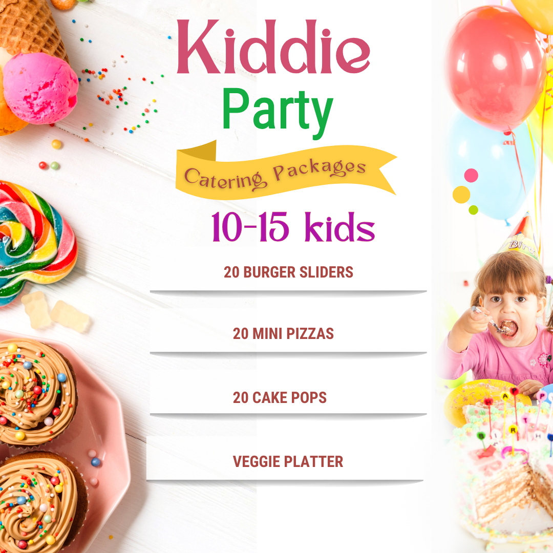 Promotional image for a kids' party package, featuring a title text, lists of included food items such as mini pizzas, burger sliders, cake pops, veggie platters, and cupcakes, and two images of children enjoying the party with balloons and decorations.